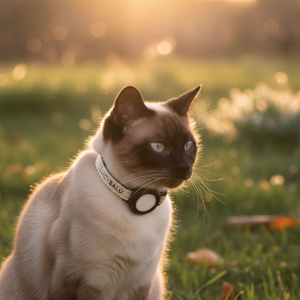 Kat in zonnige wei met zandkleurige DORI kattenhalsband en AirTag