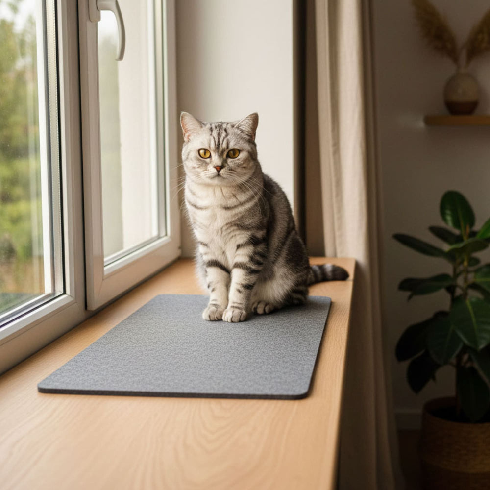 Un chat assis sur le revêtement en feutre FELTY gris sur un rebord de fenêtre