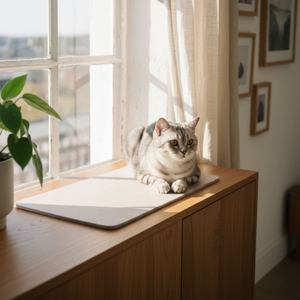 Un chat assis sur le revêtement en feutre FELTY couleur sable sur un buffet près de la fenêtre