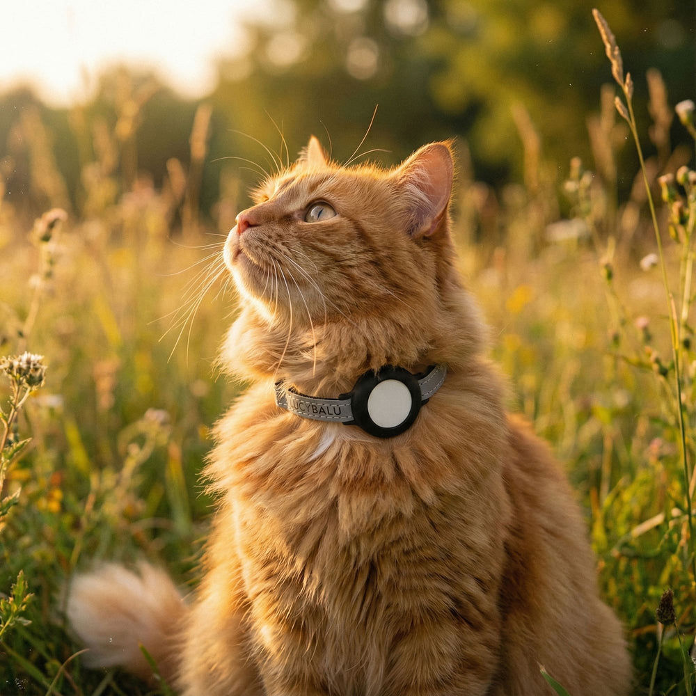 Rode langharige kat in wei in avondlicht met reflecterende DORI kattenhalsband en AirTag