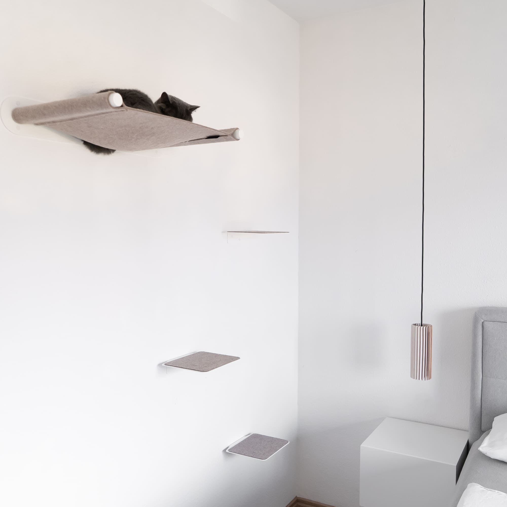 Schwarze Katze schläft in einer hohen Wandhängematte, erreichbar über kleine Wandstufen aus Filz.