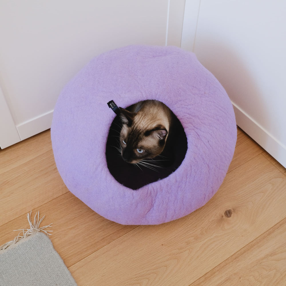 Niche pour chat PEBBLE en feutre lilas sur parquet vue d'en haut, un chat siamois regarde depuis l'entrée