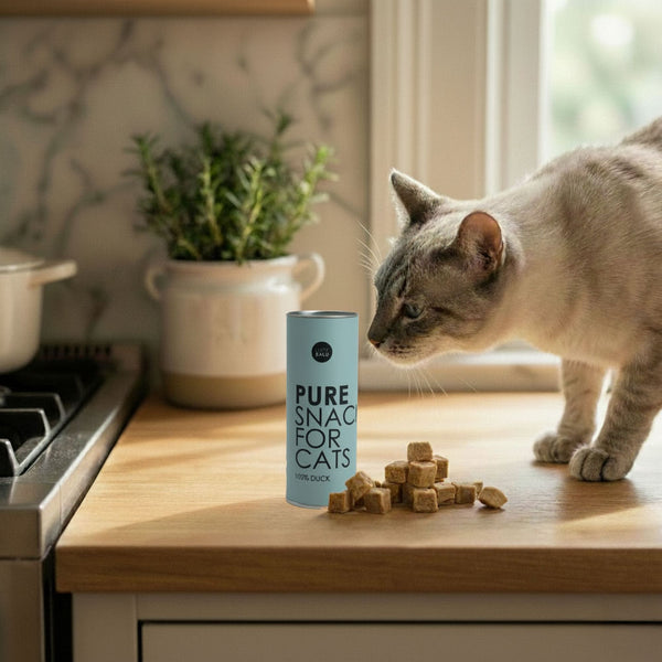 PURE Katzensnack Ente – Katze schnuppert an gefriergetrockneten Häppchen auf Küchentheke