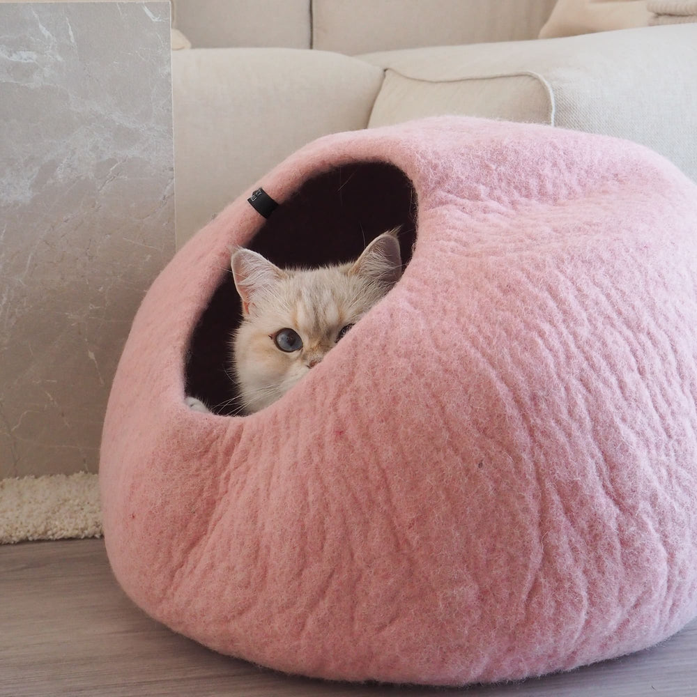 Grotte pour chat en feutre PEBBLE rose, un chat clair passe la tête par l'ouverture, devant un canapé