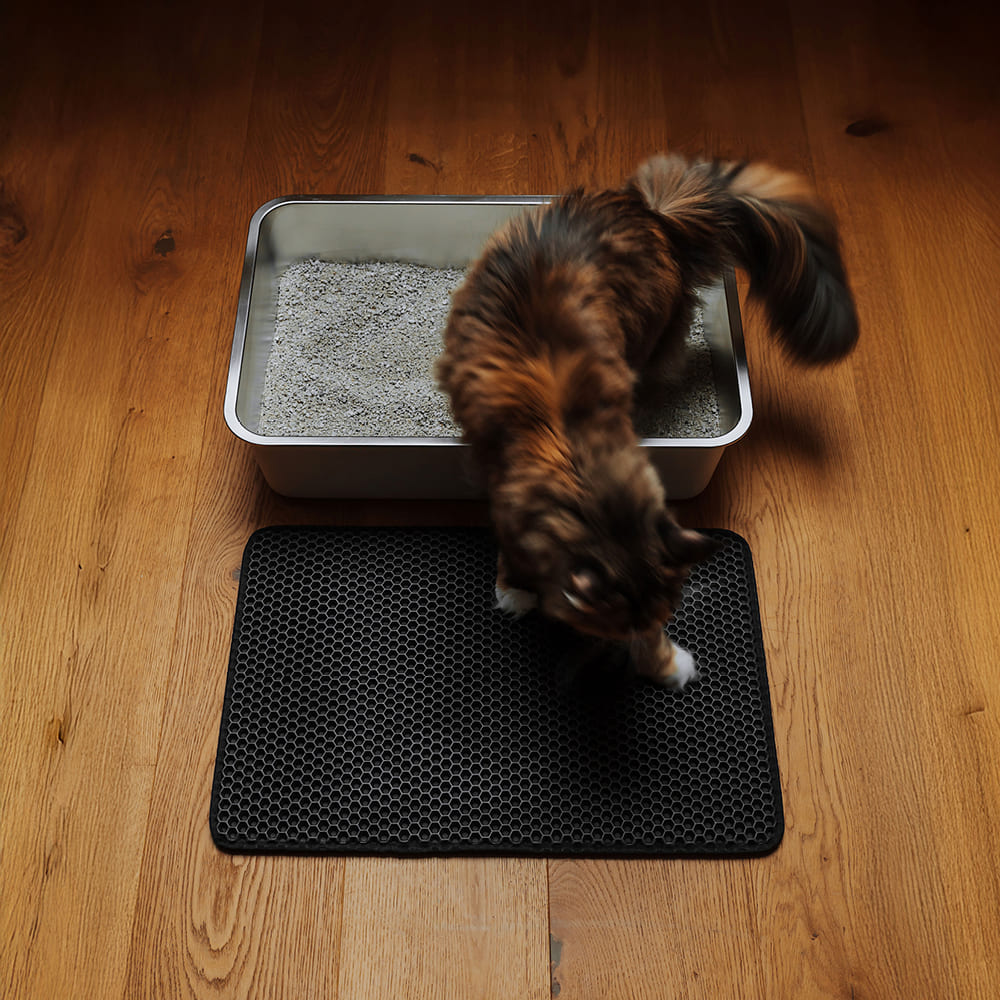 LOOMAT strooimat in antraciet, kat springt uit de kattenbak op de strooimat