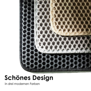 nahaufnahme von drei farbvarianten der katzenstreu matte, sand, grau und schwarz, mit text: "schönes design"