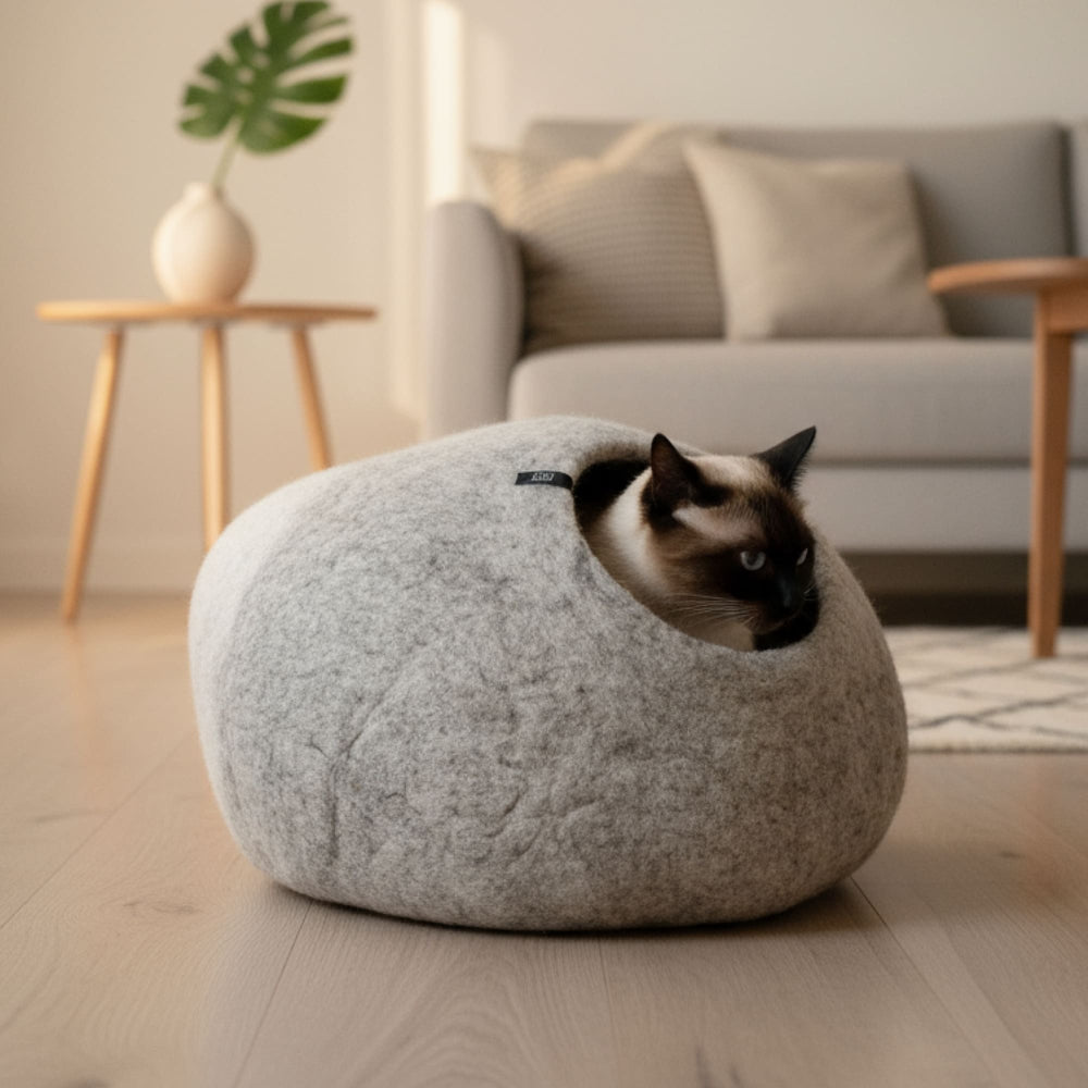 Grotte pour chat PEBBLE en feutre, gris-blanc