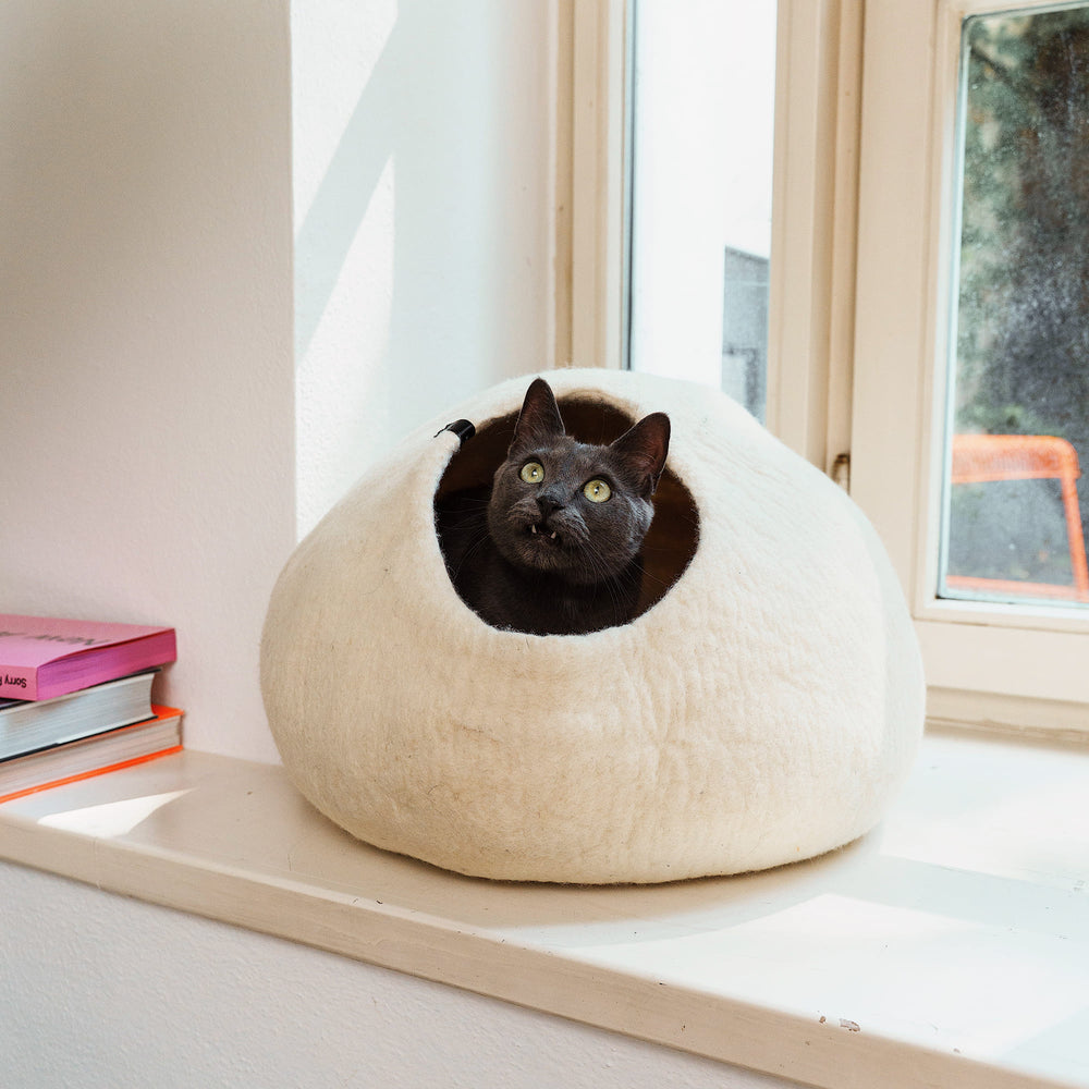 Niche pour chat PEBBLE en feutre blanc crème sur le rebord de fenêtre, un chat gris lève les yeux depuis l'entrée