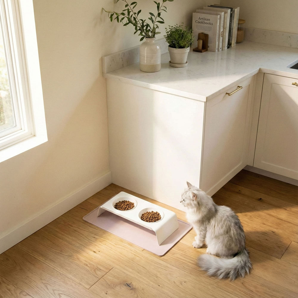 SQUARE onderlegger in lila, witte langharige kat zit naast het dubbele voederstation in de keuken