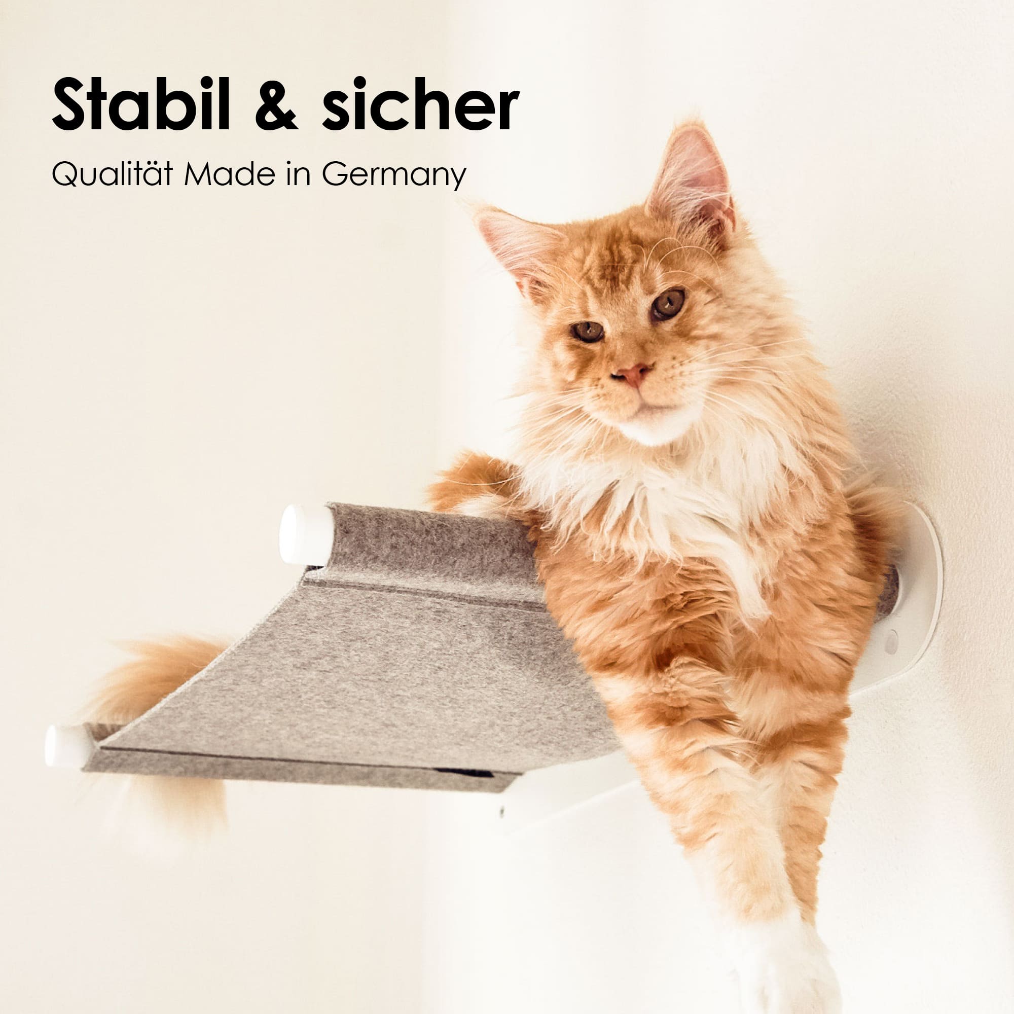 Große orangefarbene Katze liegt seitlich auf einer hellgrauen Wandhängematte mit weißen Wandhaltern – stabil & sicher.
